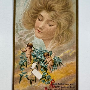 Vintage Anthropomorphic Lady & Angels Valentine Postcard - “Forget Me Nots Entwined Dainty Gems Of Blue”