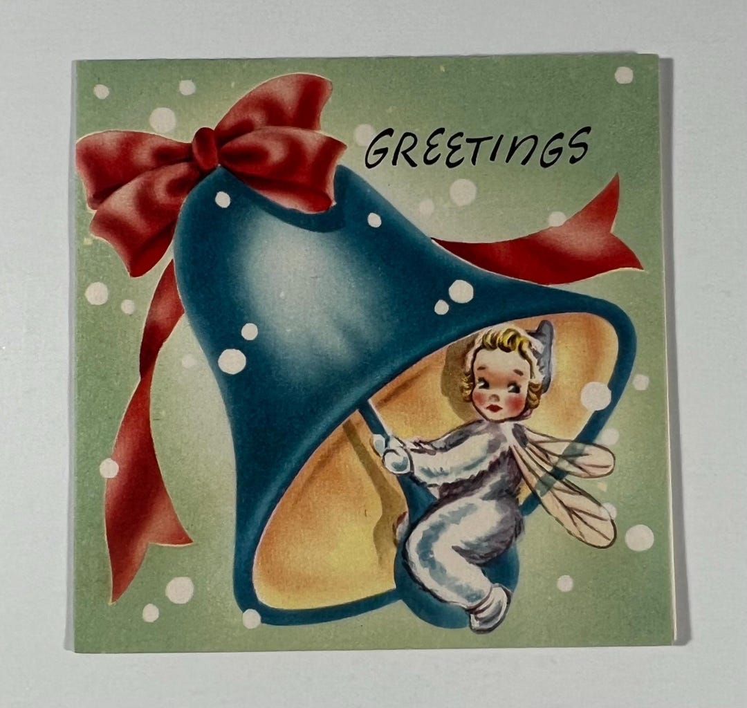 Vintage Fairy Christmas Greeting Card - Fairy Ringing Xmas Holiday Bell ...