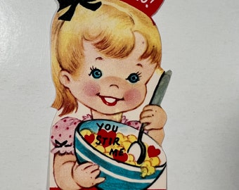 Vintage Girl With Cereal Valentine Greeting Card - “You Stir Me Valentine” A292