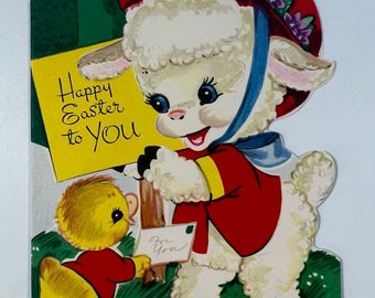 Vintage Lamb & Duck Easter Greeting Card - Duck Putting Mail In Mailbox With Lamb