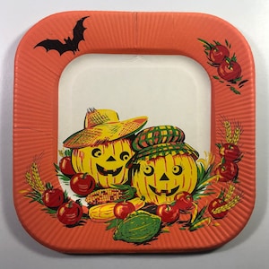 Vintage Jack O Lantern Pumpkin Halloween Paper Plate - Anthropomorphic, Pumpkins Wearing Hats, Vegetables, Bat