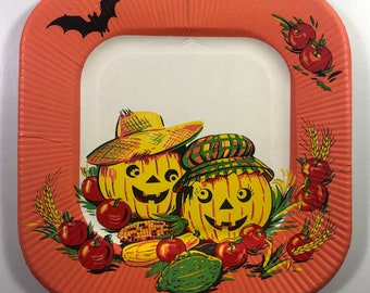 Vintage Jack O Lantern Pumpkin Halloween Paper Plate - Anthropomorphic, Pumpkins Wearing Hats, Vegetables, Bat