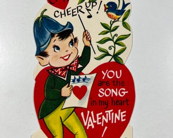 Vintage Elf & Birds Valentine Greeting Card - “You Are The Song In My Heart Valentine”