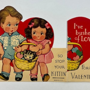Vintage Girl & Boy Holding Kitty Cat Valentine Greeting Card - “I’ve Bushels Of Love So Stop Kittin’ For My Valentine”