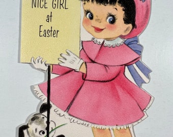 Vintage Girl & Dog Hallmark Easter Greeting Card - Girl Holding Sign, Puppy Dogs Holding Flowers