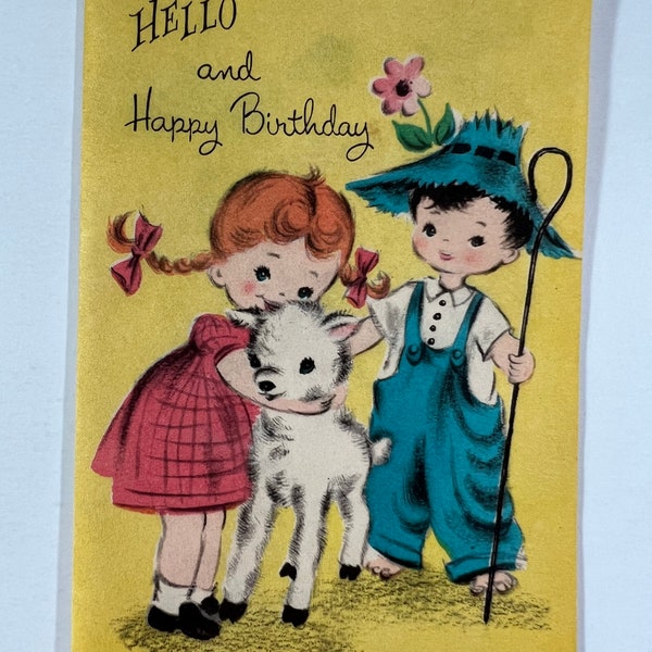 Vintage Girl & Boy With Lamb Birthday Greeting Card - Game Card, Picture Puzzle