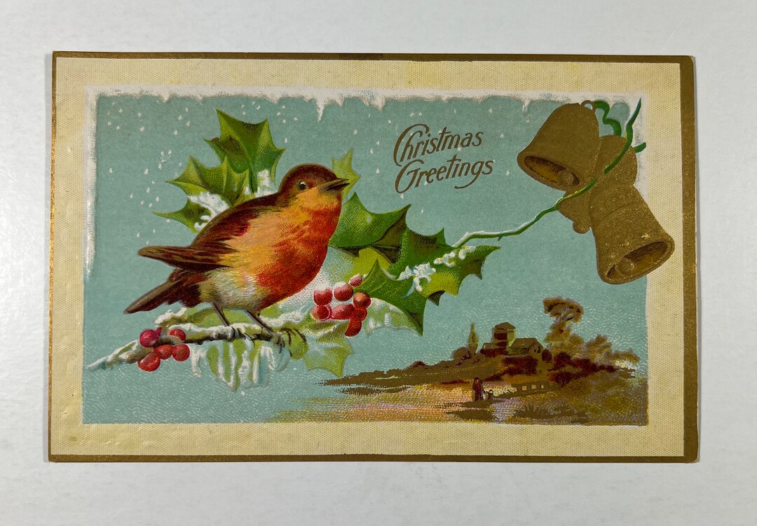 Vintage Bird Christmas Postcard Robin Bird Standing on Branch, Holiday