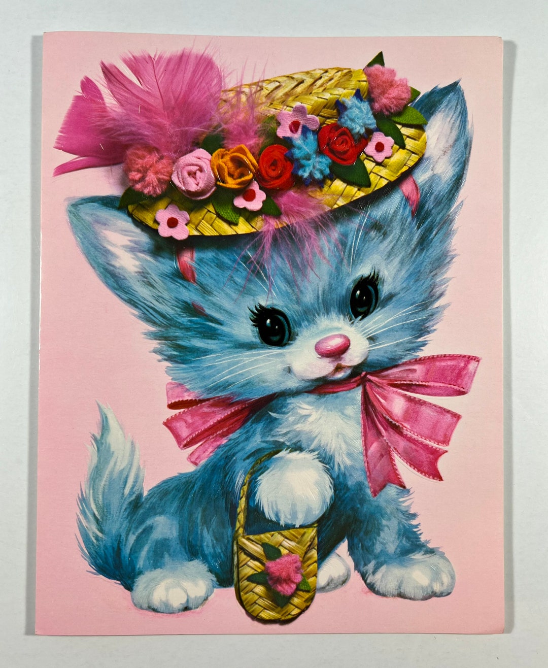 Vintage Pastel Pet Greeting Card Cat With Hat, Cute Kitty With Purse, Feather on Hat, Pink Bow