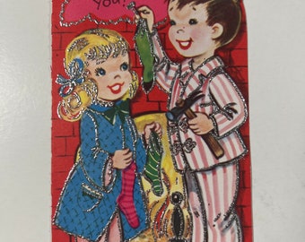 Carte de voeux vintage avec ornement scintillant pour garçon et fille - Bas pour garçon et fille suspendus à la cheminée A161