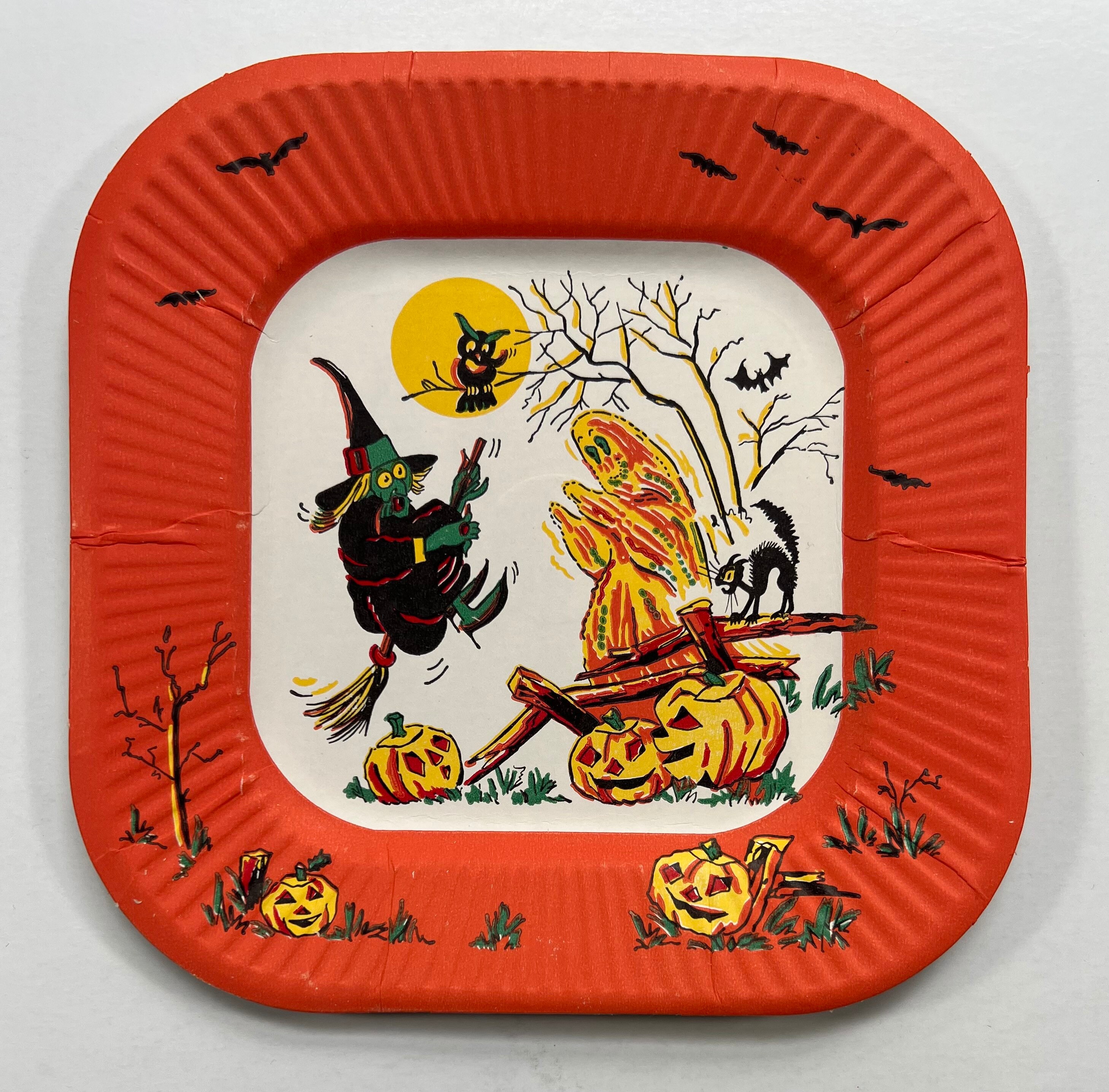 Vintage Halloween Paper Plate Witch On Broom, Owl, Ghost,  Anthropomorphic, Full Moon, Jack O Lantern Pumpkin, Black Cat
