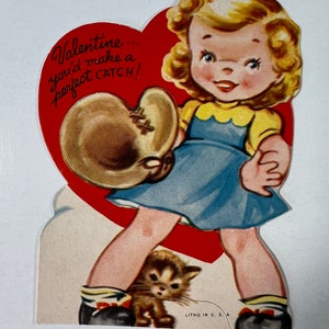 Vintage Girl Wearing Baseball Mitt & Kitty Cat Valentine Greeting Card - “You’d Make A Perfect Catch” A515