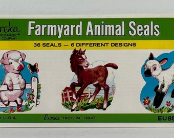 Vintage Farmyard Animal Eureka Seal Sticker Booklet - Complete With 36 Seals, Cat, Cow, Horse, Lamb, Pig, Dog