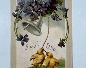 Vintage Chick & Bell Easter Postcard - Chicks Ringing Bell, Purple Flowers