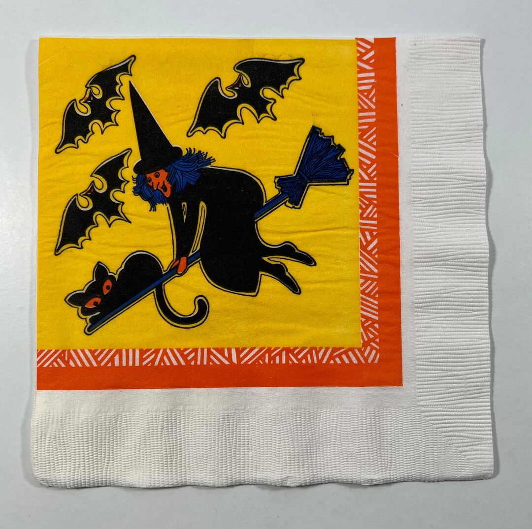 Vintage With Halloween Paper Napkin Witch Flying on Broom Etsy