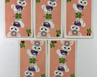 Vintage Set of 5 Bunny Playing Cards - 4 Leaf Clovers, Bunny With Flower
