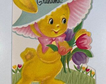 Vintage Bunny Rust Craft Easter Greeting Card - Bunny Holding Flowers, Fuzzy Flocked