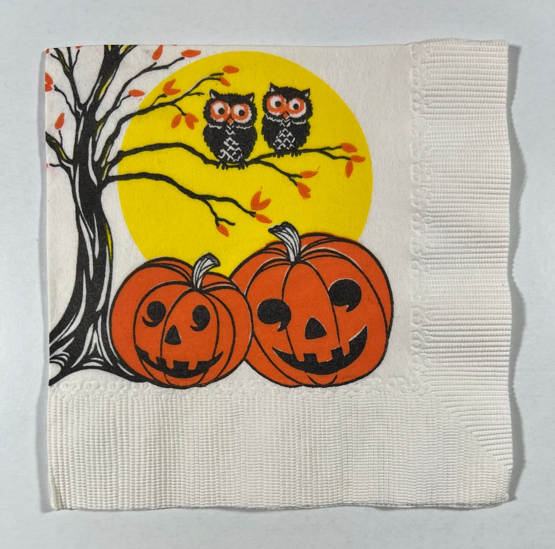 Vintage Owl Halloween Paper Napkin Owls Sitting on Tree Branch, JOL