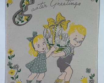 Vintage Girl & Boy Easter Greeting Card - Girl And Boy Holding Easter Basket With Bunnies