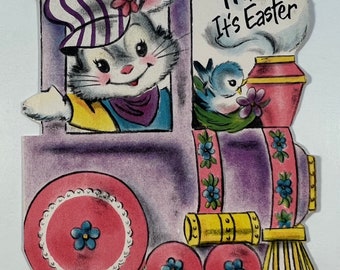 Vintage Bunny & Bluebird Easter Greeting Card - Bunny And Bluebird Driving Train