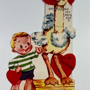 Vintage Boy & Ostrich Valentine Greeting Card - Ostrich Bird, “Am I Sticking My Neck Out? Tell Me Valentine” A274