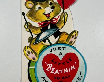 Vintage Bear Playing Drums Valentine Greeting Card - “Just A Little Beatnik To Say Be My Valentine!”