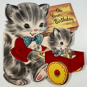 Vintage Cat Hallmark Birthday Greeting Card - Kitty Cat Pushing Kitten In Cart, Fuzzy Flocked
