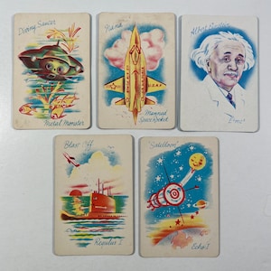 Vintage Set Of 5 Anthropomorphic Space Playing Cards - Rare Old Maid, Anthro Spaceship, Rocket, Albert Einstein, Satellite, Fish