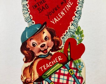 Vintage Dog Valentine Greeting Card - Puppy Dog Wearing Hat, Bag With Book A212