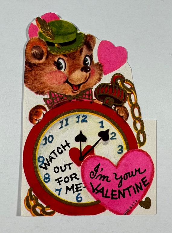 Vintage Bear Alarm Clock Valentine Greeting Card Watch Out For Me I m Your Valentine