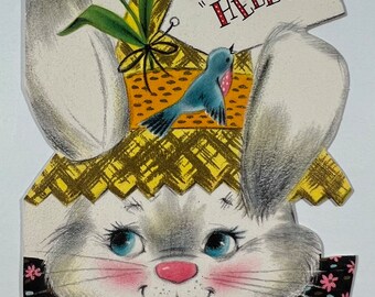 Vintage Bunny Hallmark Easter Greeting Card - Bunny Wearing Hat, Bluebird Sitting On Hat, Pink Tulip Flower