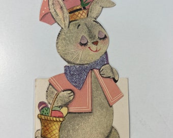 Vintage Bunny Hallmark Easter Greeting Card - Bunny Holding Umbrella, Carrying Basket Of Easter Eggs