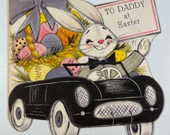 Vintage Bunny Hallmark Easter Greeting Card - Bunny Driving Car With Easter Egg Basket