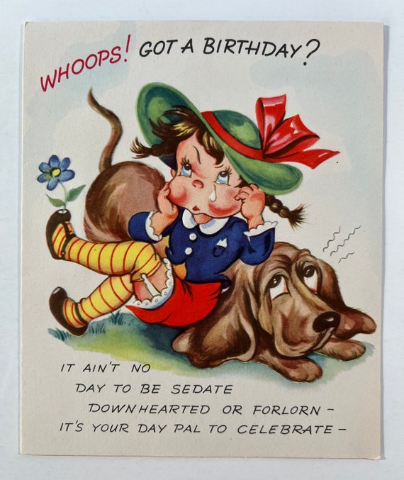 Vintage Girl &amp; Dog Birthday Greeting Card Girl Sitting on Puppy ...