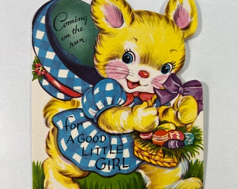 Vintage Bunny Whit Easter Greeting Card - Bunny Holding Easter Egg Basket