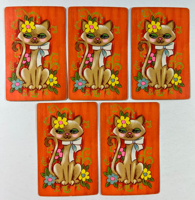 Lot de 5 cartes à jouer chat vintage Chat siamois assis avec des fleurs image 1