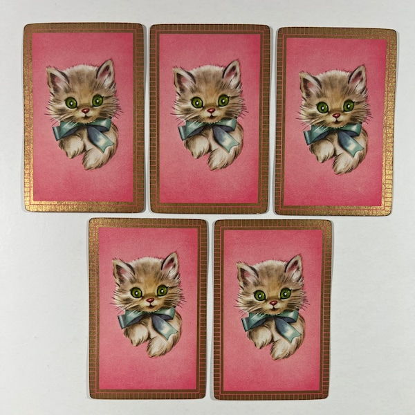 Vintage Set of 5 Cat Playing Cards - Cute Kitty Cat Wearing Blue Bow
