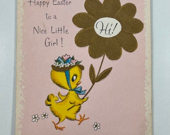 Vintage Chick Easter Greeting Card - Chick Holding Flower, Wearing Hat