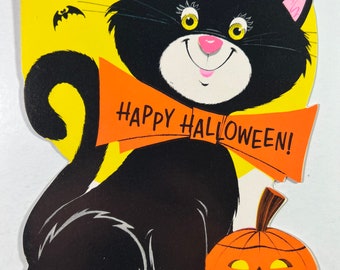 Vintage Black Cat Rust Craft Halloween Greeting Card - Black Kitty Cat With Orange Bow tie, Bats, JOL Pumpkin