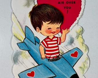 Vintage Boy In Airplane Gibson Valentine Greeting Card - Plane, “I’m Up In The Air Over You!” A523