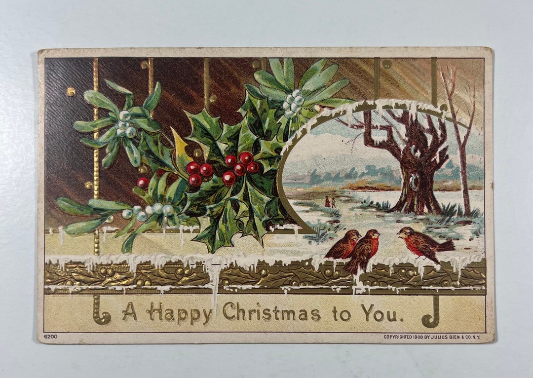 Vintage Bird Christmas Postcard Birds Sitting on Snow Tree Etsy