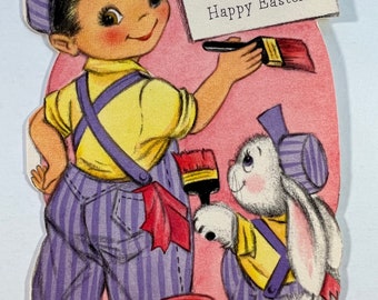 Vintage Boy & Bunny Hallmark Easter Greeting Card - Boy Painting Easter Egg With Bunny