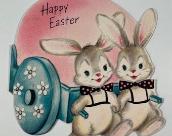 Vintage Bunny Hallmark Easter Greeting Card - Bunnies Pulling Cart With Easter Egg