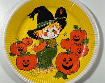 Vintage Black Cat & Ghost Halloween Paper Plate - Black Kitty Cat, Witch JOL Pumpkin, Owl, Ghosts, Witch