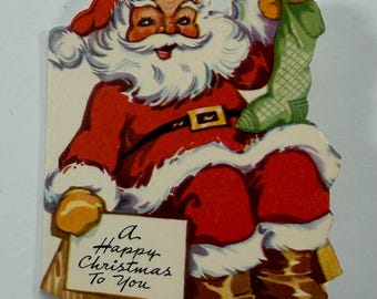 Vintage Santa Christmas Greeting Card - Santa Claus Sitting, Holding Xmas Stocking