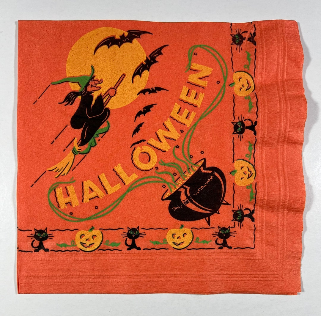Vintage Witch Halloween Paper Napkin Black Kitty Cats Bats Etsy