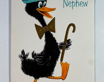 Vintage carte de voeux de Pâques poinçon de canard noir - canard portant un chapeau et un noeud papillon