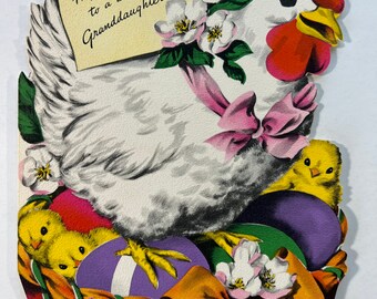Vintage Hen & Chicks Large Easter Volland Greeting Card - Hen Sitting On Easter Eggs With Chicks