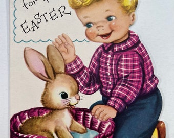 Vintage Boy & Bunny Whit Easter Greeting Card - Bunny Sitting In Basket