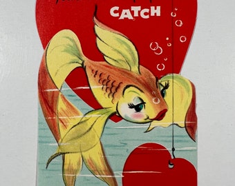 Vintage Anthropomorphic Fish Valentine Greeting Card - Fish With Eyelashes, “For You Valentine You’d Make A Perfect Catch”