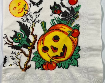 Vintage Owl & Black Cat Halloween Paper Napkin - Anthropomorphic Full Moon, Black Kitty Cat, Owl, Bats, JOL Pumpkin